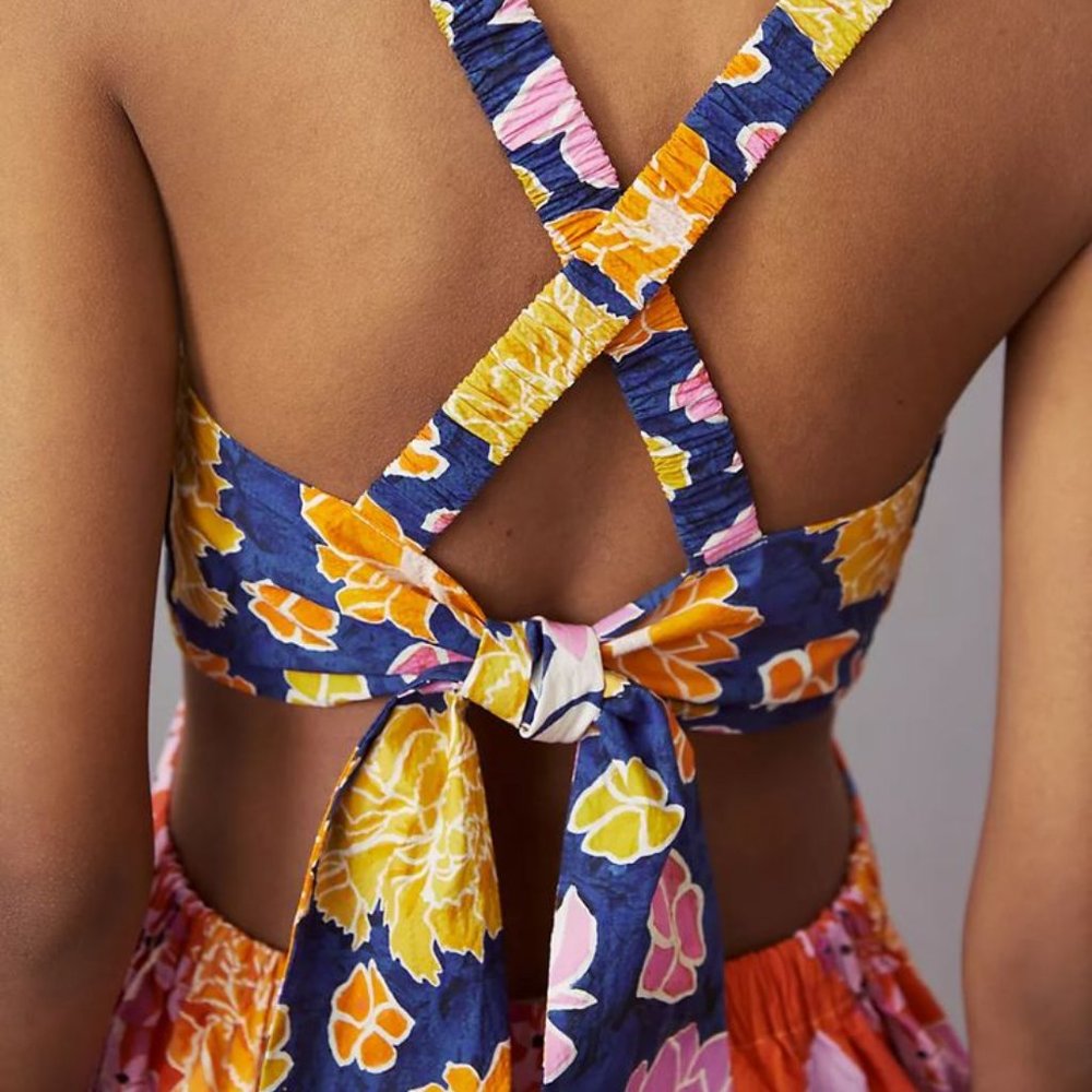 Anthropologie Navy Floral Halter Midi Dress with Pink, Yellow & Orange Blooms - Picture 10 of 10